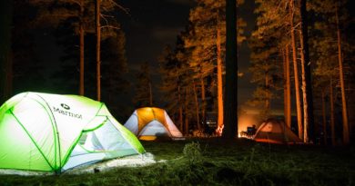 three dome tents with lights on forest beside campfire