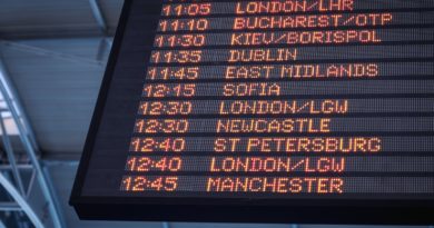 A low-angle shot of a departure board at an airport