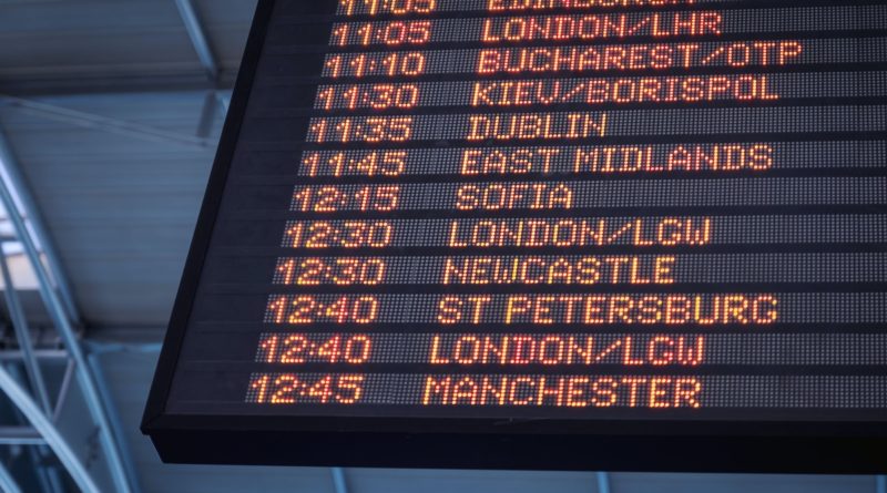 A low-angle shot of a departure board at an airport